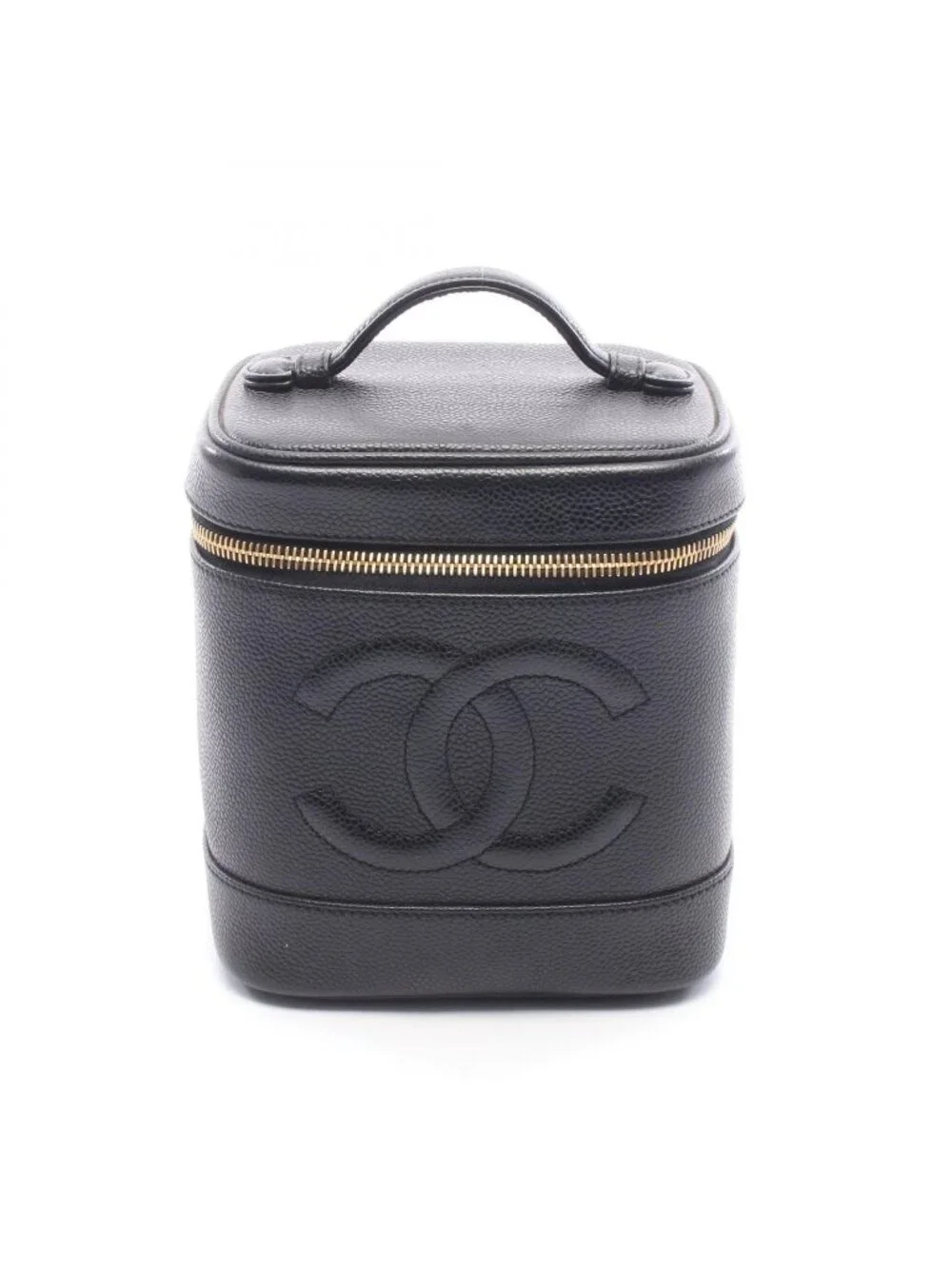 Chanel Handbag CC Logo Black Caviar Leather Quilted Vertical Vanity Bag